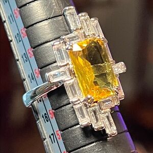 Art Deco Style Geometric Canary Yellow Baguette Cocktail Silver Plated Ring